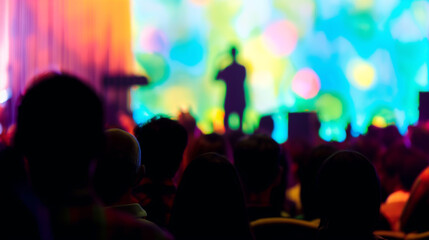 Live concert performance, Vibrant audience illuminated by colorful blurred bokeh stage lights during musical event