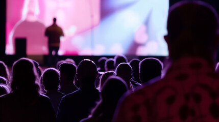 Standing audience facing stage in purple lighting venue attend corporate keynote presentation