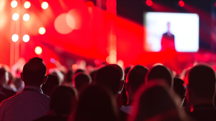 Vibrant audience illuminated by red stage lights, Live corporate concert crowd at exciting performance