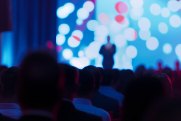 Corporate event presentation with blur effect, Blurred audience silhouettes listening to informative speaker on stage