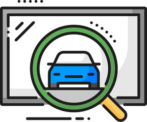 Auto dealer company, dealership car search line icon. Rental auto service, used vehicle shop or car sale center outline vector pictogram. Automobile official dealer linear sign with magnifying glass