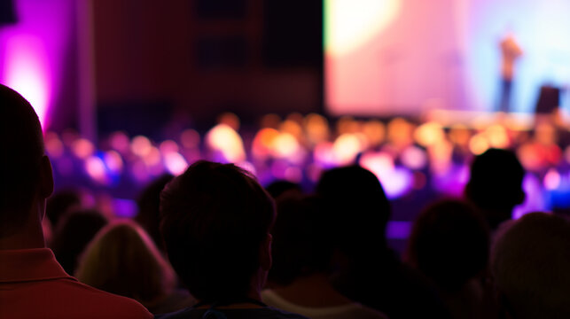 Business or student engaged attendees listen to speaker in illuminated venue with theater auditorium seating