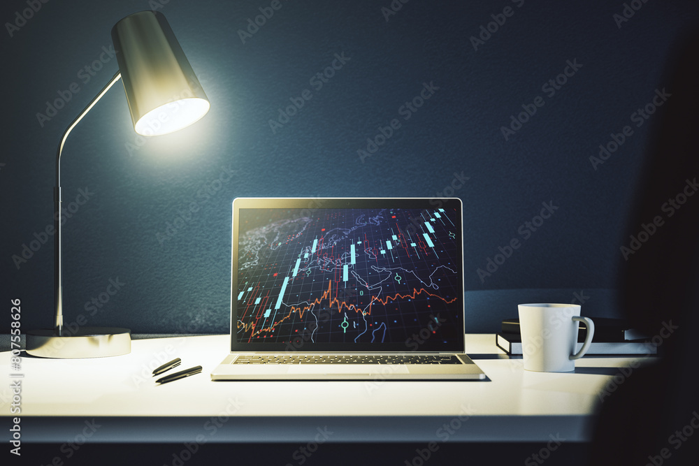 Poster abstract financial diagram with world map on modern laptop screen, banking and accounting concept. 3