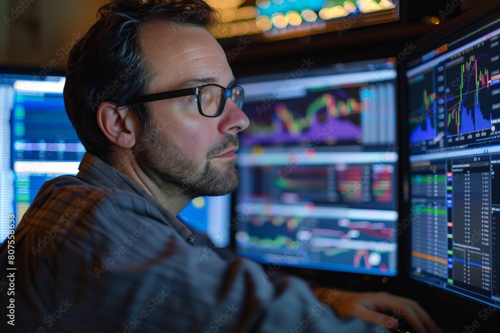 Poster focused trader analyzing financial charts on monitors. focused male trader in glasses intently analy