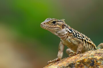 Fototapeta premium Green Asian Grass Lizard with Stripes and Long Tail Perching on Rock in Nature, Macro Shot