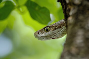 Obraz premium Hanging Aesculapian Snake in Lush Green Summer Environment. Close-up of Reptile Climbing Tree Head