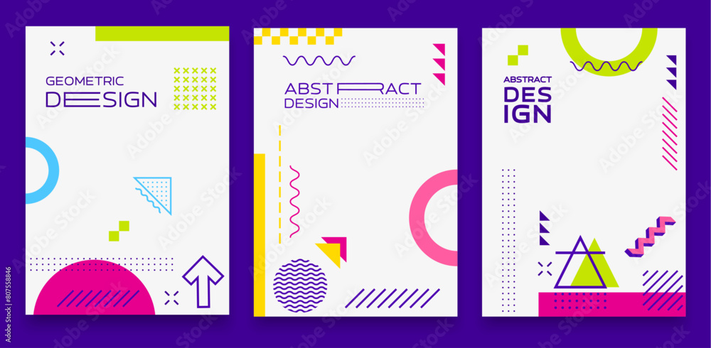 Poster Abstract modern Memphis geometric pattern posters with minimal line shapes, vector backgrounds. Memphis posters or cover templates with abstract geometric figures of waves, circles and halftone dots