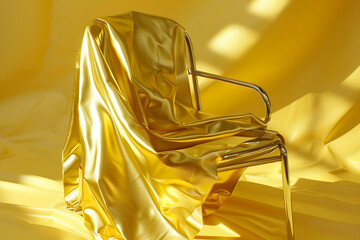A gold chair is draped in a yellow cloth. The chair is the main focus of the image