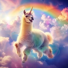 Obraz premium Happy Llama Unicorn Flying in Sky with Rainbow. Cute Alpaca Birthday Fantasy with Adorable Unicorn