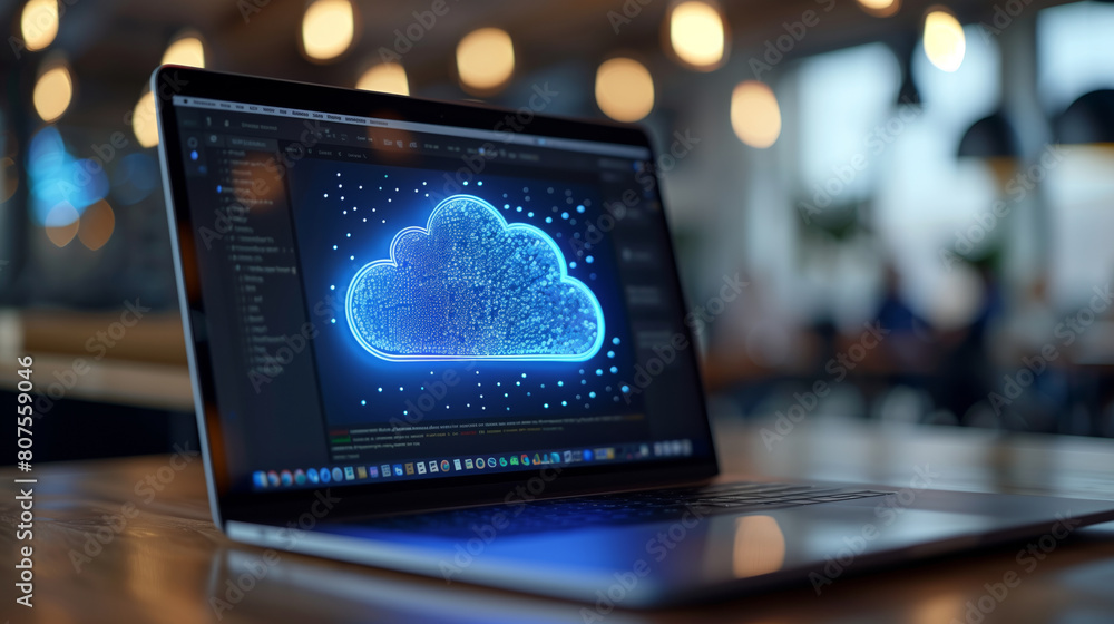 Poster cloud computing visualization on laptop screen. laptop displaying a glowing cloud computing concept 