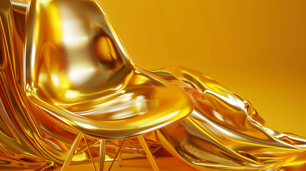 A chair is draped in gold fabric, giving it a luxurious and elegant appearance. The chair is placed on a yellow background, which adds to the opulence of the scene