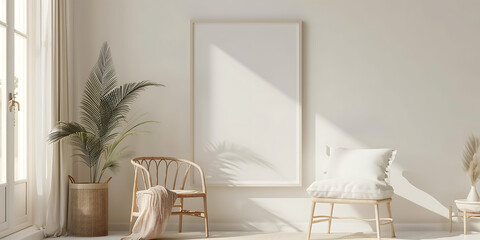 serene retreat in your living space with a white frame mockup against a minimalist backdrop, exuding tranquility