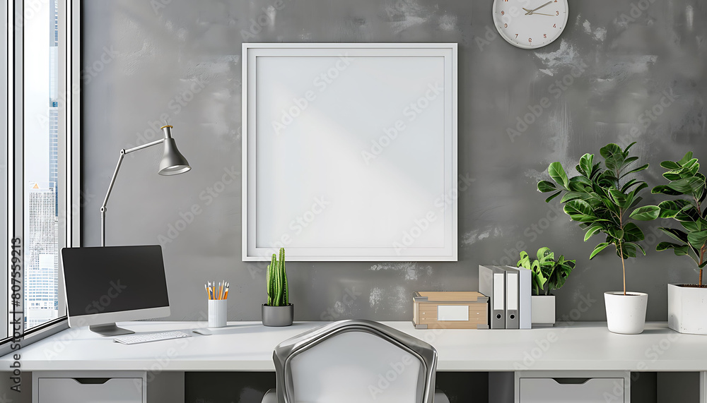 Poster office environment with a white frame mockup, infusing the workspace with elegance and professionali