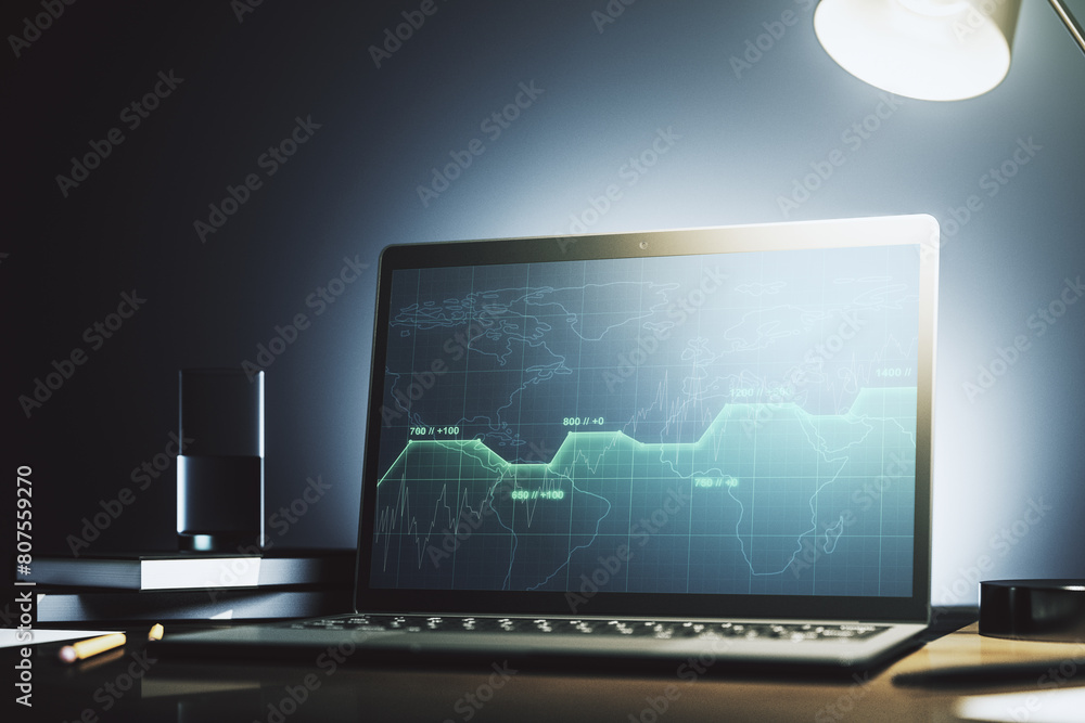 Leinwandbilder modern computer screen with creative statistics data hologram, stats and analytics concept. 3d rende