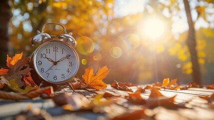 Fall Back Daylight Saving Time. White Clock with Autumn Leaves on Wooden Board and Soft Bokeh