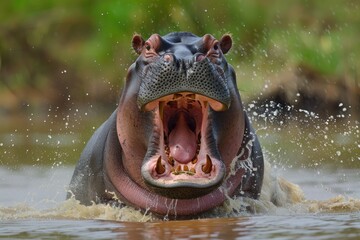 Display: Angry Hippopotamus with Wide Open Mouth in Lake 