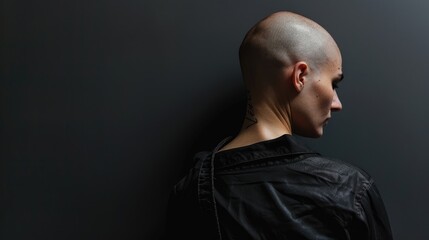 Fototapeta premium Fashionable Androgynous Model Expressing Herself with 'Express Yourself' written on her Bald Back