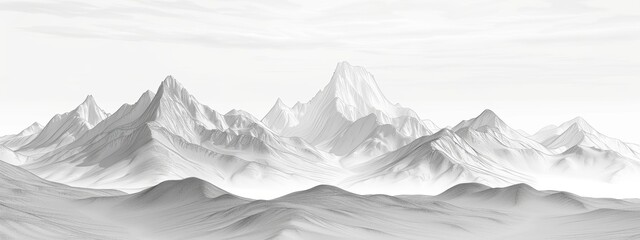 A clean white background with a minimalist line drawing of mountains in the distance.