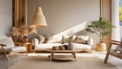 Modern interior japandi style design livingroom. Lighting and sunny scandinavian apartment with plaster and wood. 3d render illustration