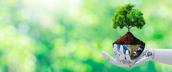 Robot Hand holding tree with half globe on Sunlight and Green grass background. Artificial Intelligence, World Environment, Eco, and Earth Day Concept. Elements furnished by NASA.
