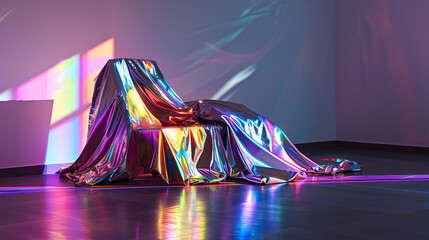 A piece of art is displayed in a room with a shiny, metallic fabric draped over it. The room is illuminated by a light source, creating a colorful and vibrant atmosphere