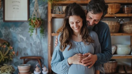 A pregnant woman and her partner decorating a nursery, choosing colors and assembling furniture, displaying preparation and teamwork