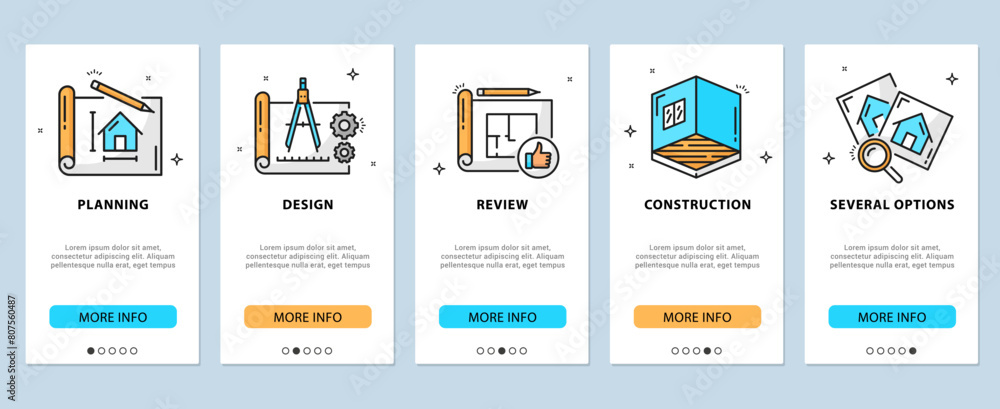 Aufkleber architect development, renovation and interior icons, mobile app onboarding screens vector templates