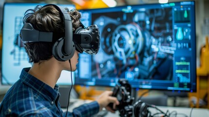 Young Gamer Engaged in Intense VR Racing Game. Young gamer is intently focused on an intense VR racing game, using a steering wheel controller in a high-tech setup.