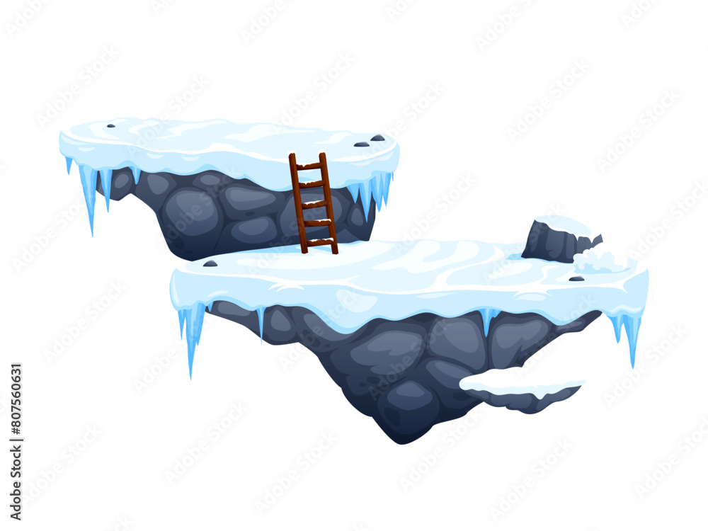 Poster arcade game stone platforms with ice and snow, winter level game ui asset. vector 2d arcade videogam