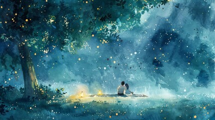 starlit picnic under a large tree with a yellow fish in the foreground