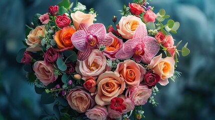exquisite bouquet of flowers arranged in a heart-shaped formation, featuring a mix of vibrant roses, delicate orchids