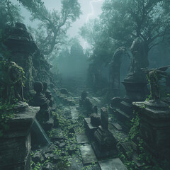 picture of terror Ancient cemetery with graves - obrazy, fototapety, plakaty