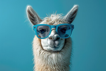 Photo of an alpaca wearing blue sunglasses, solid color background. Created with Ai