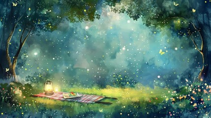 starlit picnic in the woods with a lantern, surrounded by lush green trees