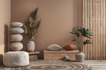 Minimalist zen interior design in beige with natural elements and light. Relaxing interiors,...