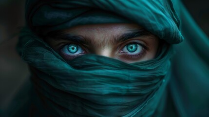 Naklejka premium A beautiful young man wearing an emerald green hijab covering his face, his eyes shining blue and turquoise with long eyelashes.