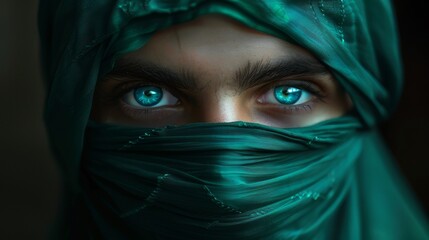 Fototapeta premium A beautiful young man wearing an emerald green hijab covering his face, his eyes shining blue and turquoise with long eyelashes.