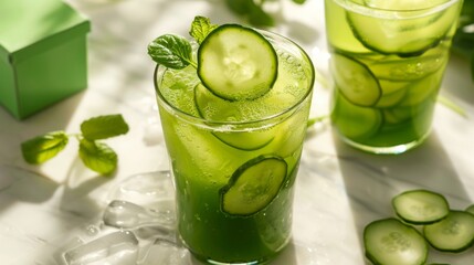 A refreshing glass of cucumber juice, cucumber slices inside, with a minimalist green juice box on a crisp white background