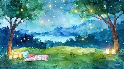 starlit picnic by the lake surrounded by lush green trees and a majestic mountain