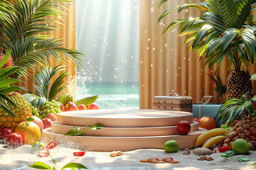 Empty stylish beach podium 3D mockup background for beauty product presentation concept. Summer copy space platform surrounded by palm leaves . Cosmetics, perfume or home goods sales advertising stand