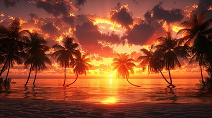 Obraz premium beach sand sunset scene featuring palm trees silhouetted against a sky 