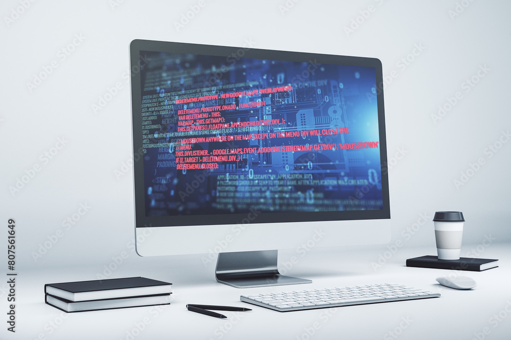 Poster Modern computer monitor with abstract programming language, research and development concept. 3D Rendering