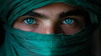 Fototapeta premium A beautiful young man wearing an emerald green hijab covering his face, his eyes shining blue and turquoise with long eyelashes.