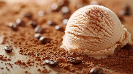 A scoop of tiramisu ice cream melting, with visible layers of coffee and mascarpone, against a soft mocha background