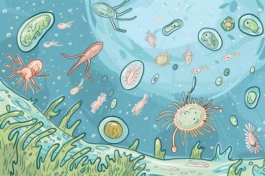 Cartoon cute doodles of microscopic protozoa hunting for prey in a drop of water, their tiny flagella propelling them through the, Generative AI