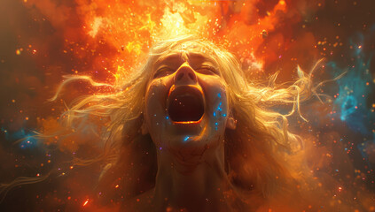 A movie poster of an action scene with Jodie Comer as the fire elf, blonde hair and bright orange eye. Created with Ai