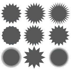 Sticker starburst shape, badge star, sale round vector icon, price circle, sun label, black tag isolated on white background. EPS 10.