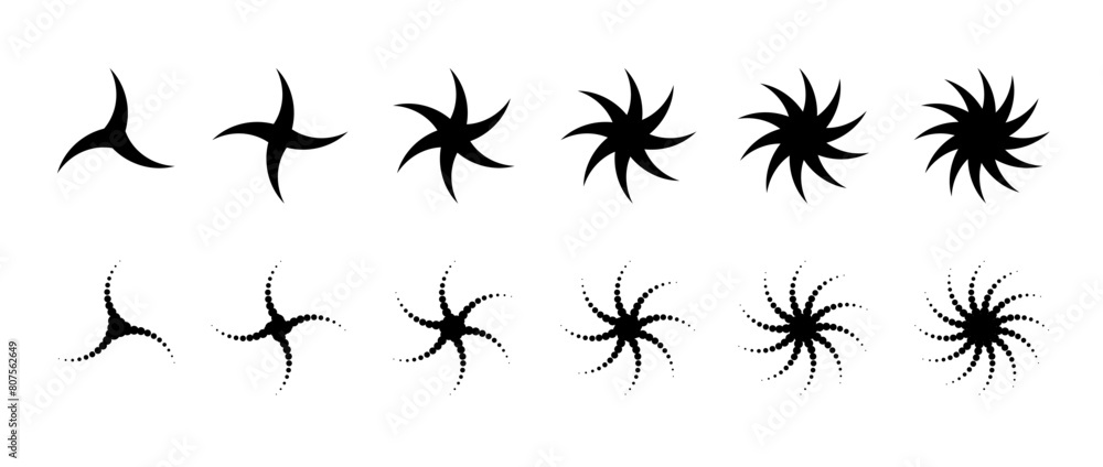 Aufkleber Set of different twist and swirl elements. Black twirl and rotating lines collection. Circular radial revolving whirlwind symbols bundle for graphic design. Tornado and whirlpool effect pack. Vector