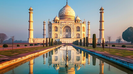 Fototapeta premium The Taj Mahal at dawn, Agra, India, reflected in the Yamuna River, serene and majestic, symbol of love. Generative AI illustration 
