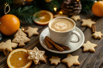 A cup of coffee with cinnamon, orange slices and starshaped cookies on the table.